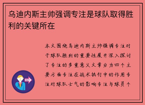 乌迪内斯主帅强调专注是球队取得胜利的关键所在