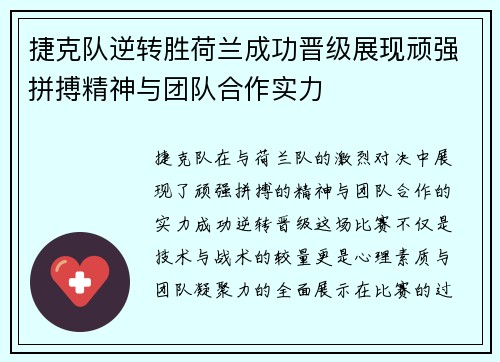 捷克队逆转胜荷兰成功晋级展现顽强拼搏精神与团队合作实力