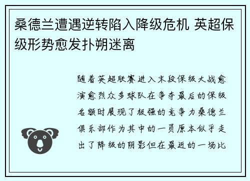 桑德兰遭遇逆转陷入降级危机 英超保级形势愈发扑朔迷离