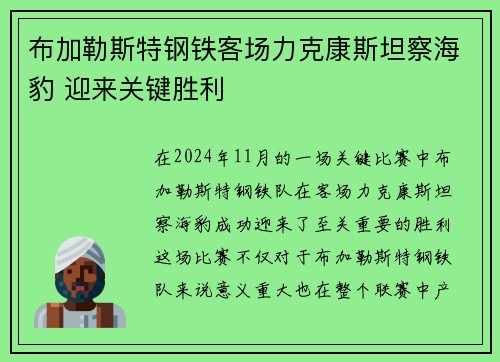 布加勒斯特钢铁客场力克康斯坦察海豹 迎来关键胜利