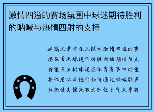 激情四溢的赛场氛围中球迷期待胜利的呐喊与热情四射的支持