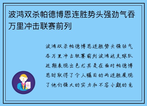 波鸿双杀帕德博恩连胜势头强劲气吞万里冲击联赛前列