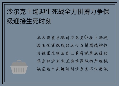沙尔克主场迎生死战全力拼搏力争保级迎接生死时刻