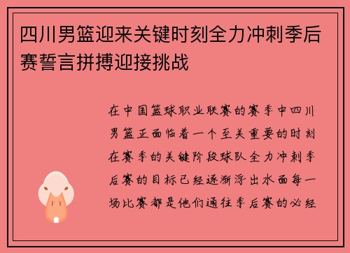 四川男篮迎来关键时刻全力冲刺季后赛誓言拼搏迎接挑战