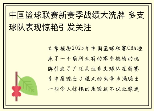中国篮球联赛新赛季战绩大洗牌 多支球队表现惊艳引发关注