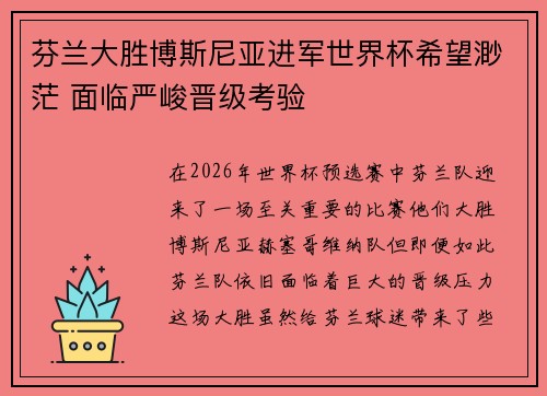 芬兰大胜博斯尼亚进军世界杯希望渺茫 面临严峻晋级考验