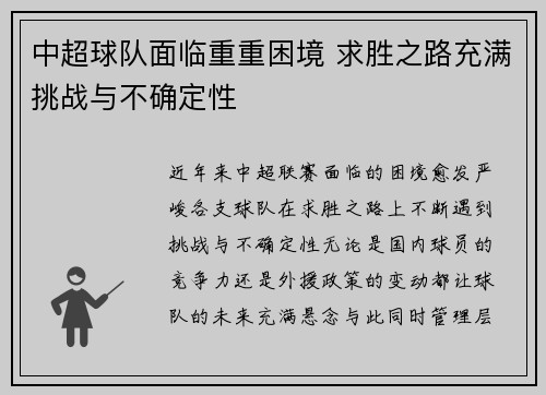 中超球队面临重重困境 求胜之路充满挑战与不确定性